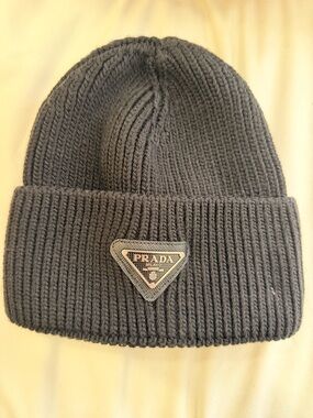 Prada Black Ribbed Knit Beanie with Triangle Logo Patch